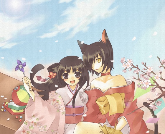 matsuzuki matsu, animal ears, ball, bare shoulders, black eyes, black hair, brown eyes, cat ears, cherry blossoms, choker, hair over one eye, japanese clothes, kimono, long hair, off shoulder, petals, pinwheel, sky, smile, wind, yellow eyes