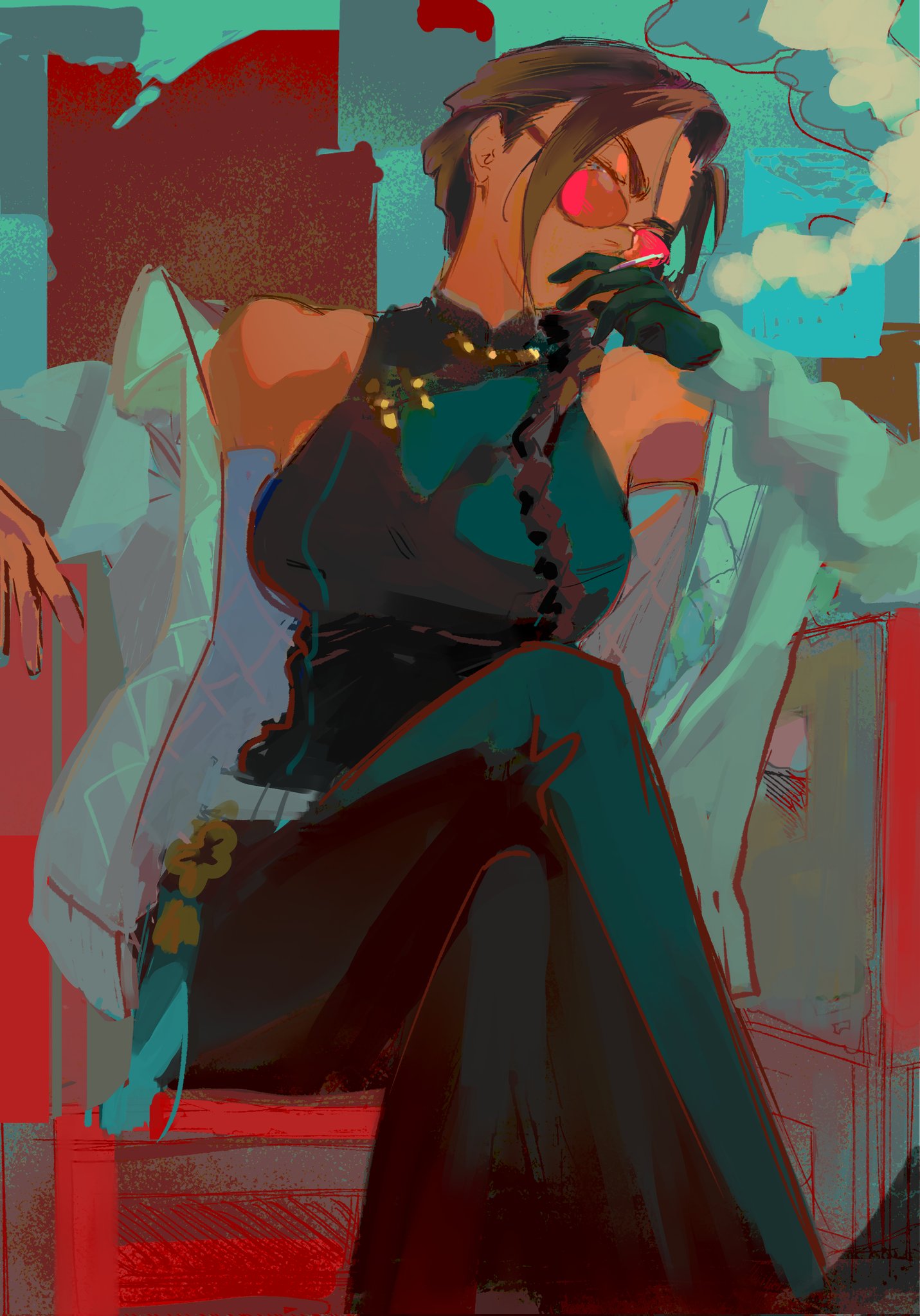 sucipto de goya, hyuna (alien stage), tao (gokurakugai), alien stage, gokurakugai, artist request, check artist, commentary, english commentary, highres, second-party source, 1girl, black gloves, black pants, braid, breasts, chinese clothes, cosplay, crossed legs, dark-skinned female, dark skin, gloves, hair over shoulder, jacket, mandarin collar, pants, red-tinted eyewear, shirt, single braid, sitting, sleeveless, sleeveless shirt, smoke, smoking, solo, sunglasses, tao (gokurakugai) (cosplay), tinted eyewear, white jacket