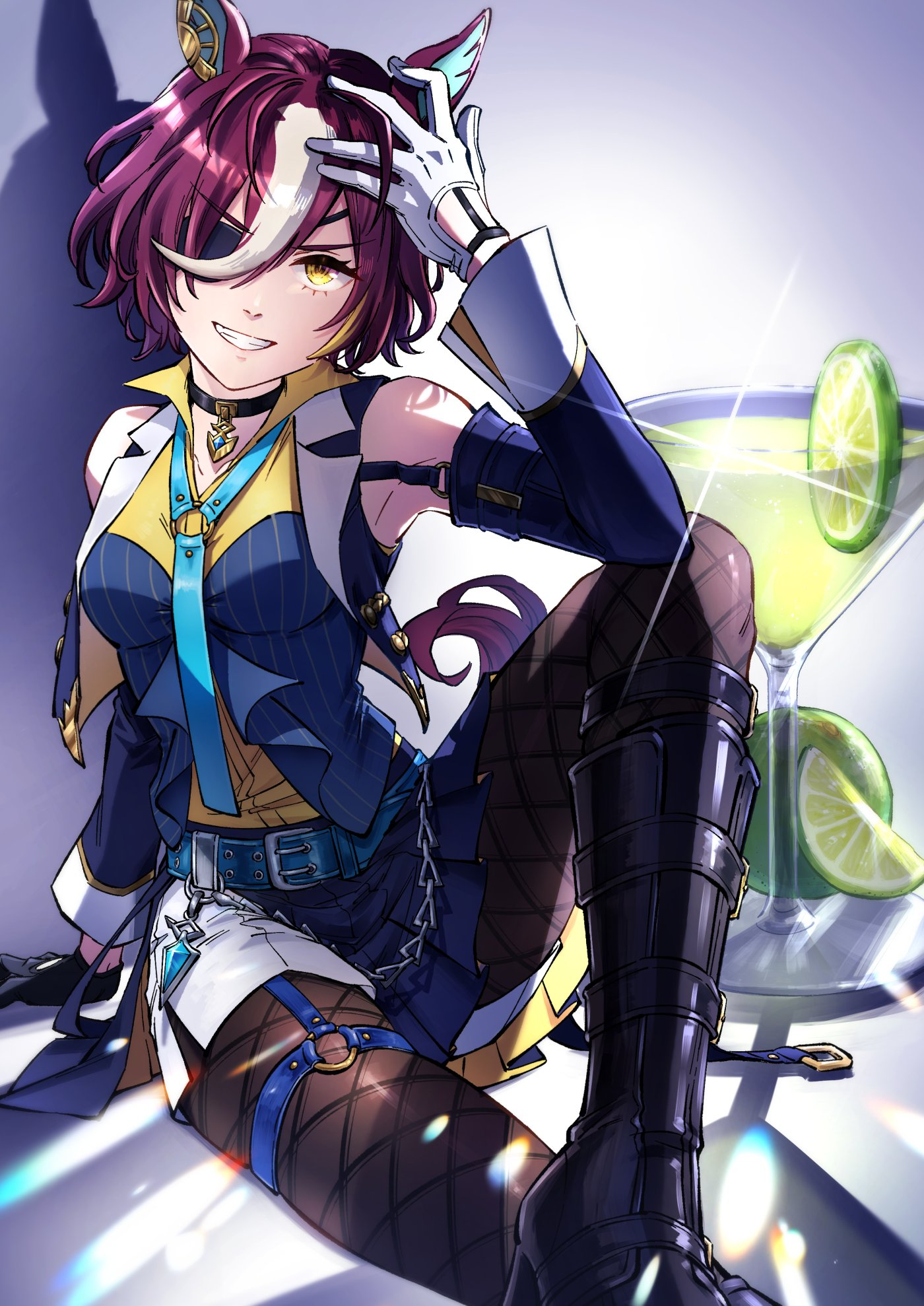 yuzuki v, tanino gimlet (umamusume), umamusume, highres, 1girl, animal ears, asymmetrical gloves, bare shoulders, belt, black boots, black choker, black gloves, black pantyhose, blue belt, blue necktie, blue shirt, blue skirt, boots, brown hair, choker, detached sleeves, eyepatch, fishnet pantyhose, fishnets, gloves, grin, hair over one eye, hand in own hair, high heel boots, high heels, horse ears, horse girl, jacket, knee boots, looking at viewer, mismatched gloves, multicolored hair, necktie, pantyhose, parted lips, purple jacket, shirt, short hair, skirt, smile, solo, striped clothes, striped shirt, two-tone hair, vertical-striped clothes, vertical-striped shirt, white gloves, white hair, yellow eyes, yellow shirt