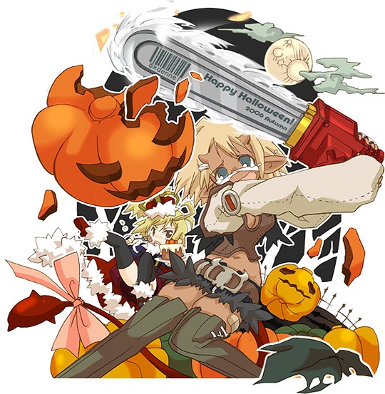 black legwear, grey legwear, 00s, 2006, 2girls, belt, bow, chainsaw, dark-skinned female, dark skin, demon tail, green eyes, halloween, happy halloween, horns, jack-o'-lantern, midriff, multiple girls, navel, pointy ears, pumpkin, ribbon, shoes, tail, tears, thighhighs