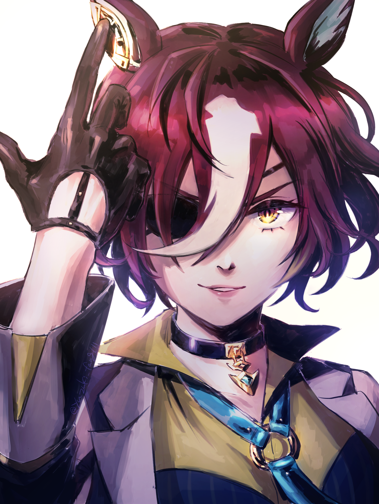 yuzuki v, tanino gimlet (umamusume), umamusume, highres, 1girl, animal ears, bare shoulders, black choker, black gloves, blue necktie, blue shirt, brown hair, choker, detached sleeves, eyepatch, gloves, hair over one eye, horse ears, horse girl, jacket, looking at viewer, multicolored hair, necktie, parted lips, purple jacket, shirt, short hair, smile, solo, striped clothes, striped shirt, two-tone hair, vertical-striped clothes, vertical-striped shirt, white hair, yellow eyes, yellow shirt