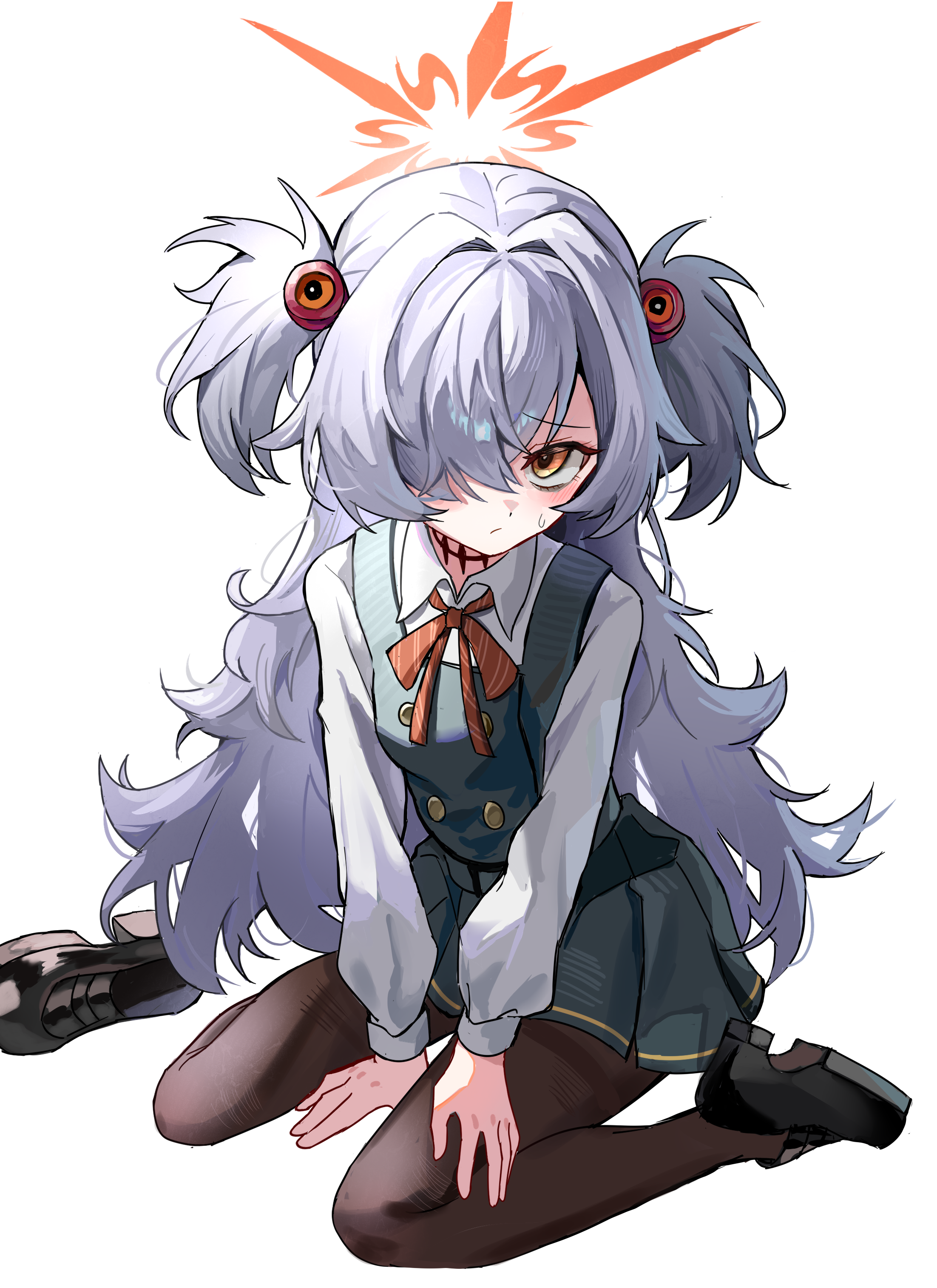wrnmsb, kanoe (blue archive), blue archive, absurdres, chinese commentary, commentary request, highres, 1girl, :/, between legs, black pantyhose, black shoes, blush, brown eyes, brown halo, buttons, closed mouth, collared shirt, double-breasted, dress, full body, green dress, grey hair, hair ornament, hair over one eye, halo, hand between legs, hand on own thigh, loafers, long hair, long sleeves, looking at viewer, neck ribbon, pantyhose, pinafore dress, pleated dress, red ribbon, ribbon, scar, scar on neck, shirt, shoes, short dress, sidelocks, simple background, single shoe, sitting, sleeveless, sleeveless dress, solo, striped ribbon, sweatdrop, thighband pantyhose, two side up, unworn shoes, very long hair, wariza, white background, white shirt
