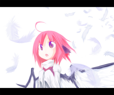 mystia lorelei, touhou, lowres, 1girl, ahoge, feathers, female focus, letterboxed, purple eyes, solo, wings