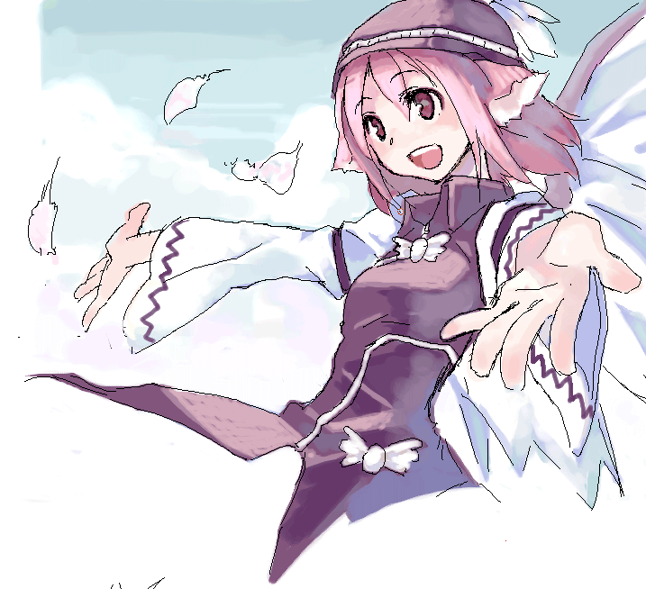 ushiki yoshitaka, mystia lorelei, touhou, 1girl, animal ears, dress, female focus, hat, music, open mouth, pink hair, red eyes, short hair, singing, solo, wide sleeves, wings