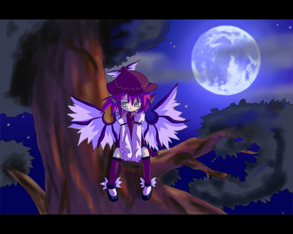 kuroneko no toorimichi, mystia lorelei, touhou, 1girl, female focus, hat, in tree, letterboxed, moon, night, purple hair, sitting, sitting in tree, solo, tree, wings, yellow eyes