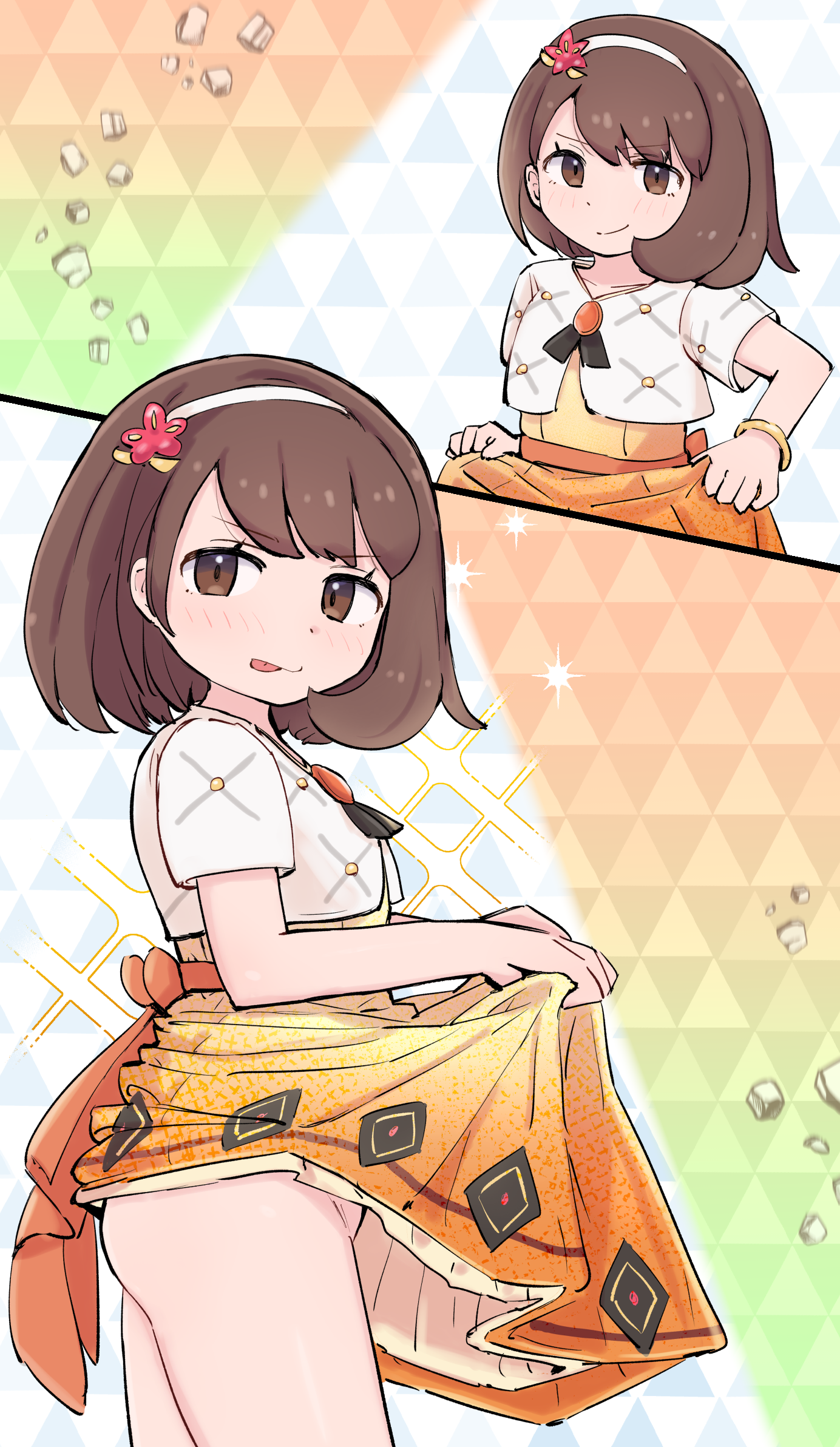 kutabireta neko, gloria (anniversary 2025) (pokemon), gloria (pokemon), nintendo, pokemon, pokemon masters ex, commentary request, highres, textless version, 1girl, bracelet, brown eyes, brown hair, closed mouth, clothes lift, hairband, jacket, jewelry, lifting own clothes, looking at viewer, medium hair, official alternate costume, orange skirt, print skirt, rock, short sleeves, skirt, skirt lift, sparkle, tongue, tongue out, white hairband, white jacket