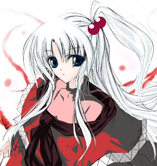 shinki (touhou), mystic square, touhou, touhou (pc-98), eyebrows, 1girl, bare shoulders, breasts, capelet, cleavage, closed mouth, collarbone, expressionless, female focus, hair bobbles, hair ornament, looking at viewer, one side up, sidelocks, small breasts, solo, white background