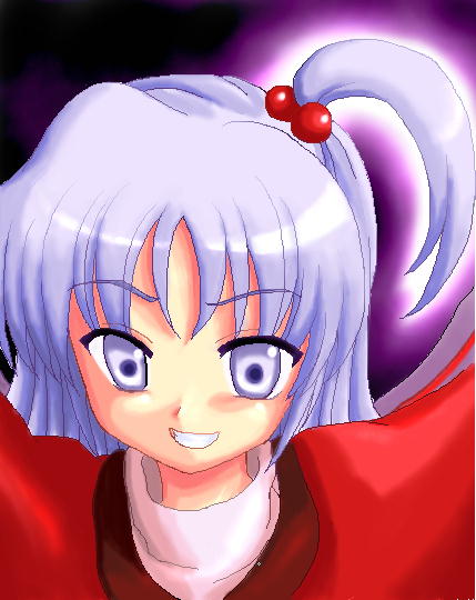 tilm, shinki (touhou), mystic square, touhou, touhou (pc-98), light purple hair, 1girl, blush, dress, evil smile, female focus, hair bobbles, hair ornament, long sleeves, one side up, portrait, purple eyes, red dress, shaded face, smile, solo, upper body, wide-eyed