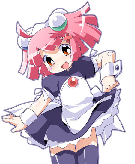 filn, 1girl, :d, ahoge, arms at sides, bandaid, black thighhighs, blunt bangs, blush stickers, brooch, cowboy shot, female focus, gem, head tilt, jewelry, loli, looking at viewer, maid, maid cafe, maid headdress, open mouth, pink hair, puffy short sleeves, puffy sleeves, red eyes, short hair, short sleeves, simple background, smile, solo, thighhighs, white background, wrist cuffs, zettai ryouiki