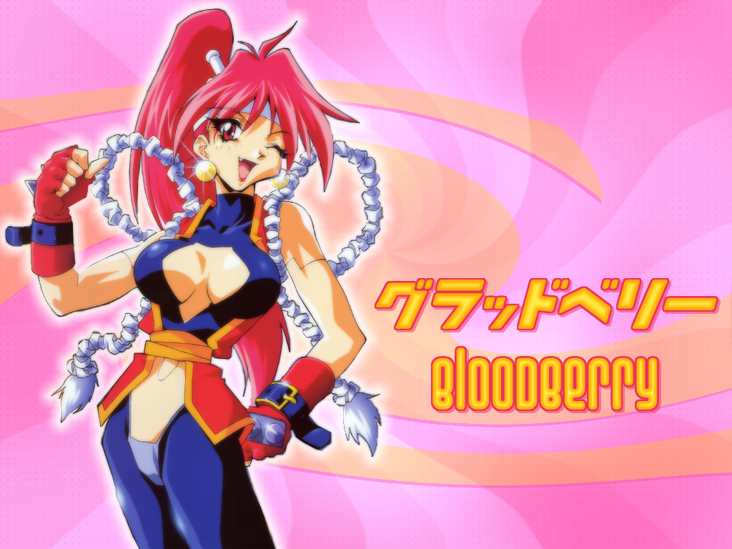 shimamura hidekazu, bloodberry, saber marionette j, 1990s (style), 1girl, bare shoulders, breasts, character name, cleavage, earrings, fang, female focus, fingerless gloves, gloves, jewelry, lipstick, long hair, makeup, midriff, one eye closed, pink background, pink hair, ponytail, red eyes, retro artstyle, rope, solo, spandex, wink
