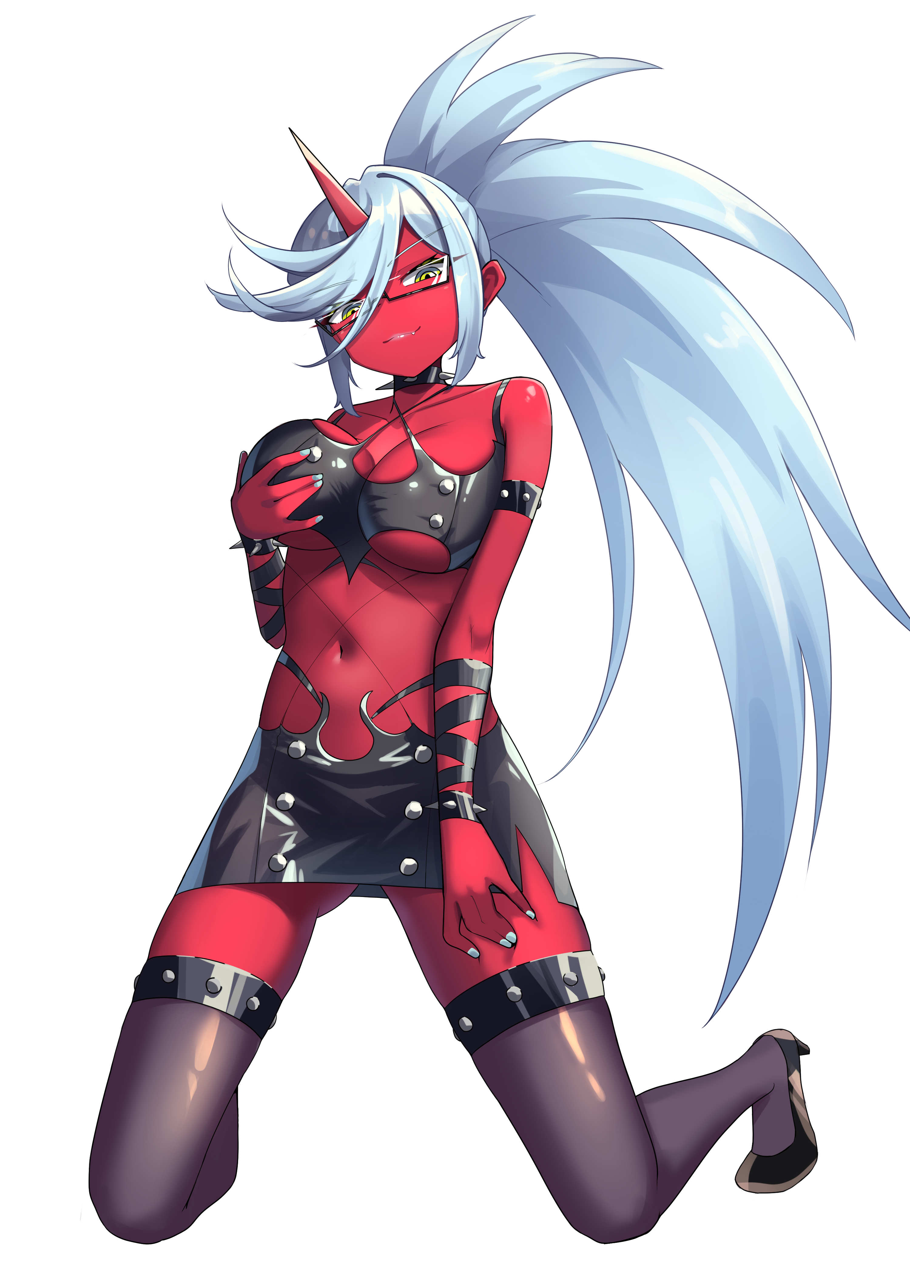 comaya, kneesocks (psg), panty & stocking with garterbelt, absurdres, highres, 1girl, black shoes, black skirt, black thighhighs, breasts, closed mouth, colored skin, demon girl, demon horns, full body, glasses, green eyes, high heels, horns, large breasts, long hair, looking at viewer, navel, ponytail, red skin, shoes, simple background, single horn, skirt, smile, solo, stomach, thighhighs, thighs, white background