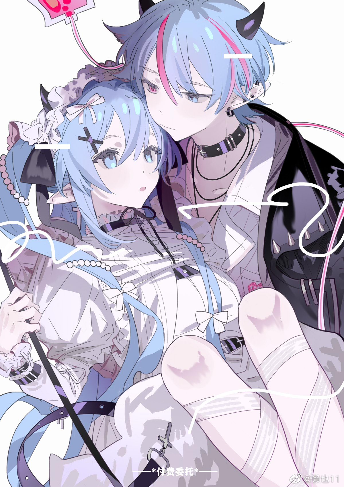 original, highres, 1boy, 1girl, bandages, black choker, black jacket, blood, blood bag, blue eyes, blue hair, bow, choker, collar, collarbone, collared shirt, demon horns, dress, earrings, frilled sleeves, frills, hair between eyes, hair bow, hair ornament, hairband, hairclip, heterochromia, holding, horns, hug, intravenous drip, jacket, jewelry, juliet sleeves, lanye11, leg ribbon, lolita fashion, lolita hairband, long hair, long sleeves, looking at another, looking down, multicolored hair, open clothes, open jacket, pink hair, pointy ears, puffy sleeves, ribbon, shirt, short hair, simple background, streaked hair, twintails, white background, white bow, white dress, white shirt