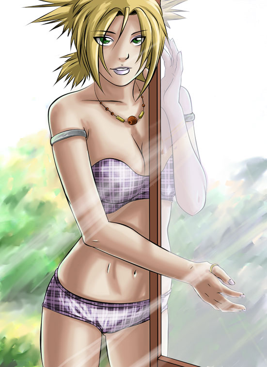 jon kneeland, temari (naruto), naruto (classic), naruto (series), 1girl, bikini, blonde hair, female focus, nail polish, pink nails, plaid bikini, plaid clothes, quad tails, solo, swimsuit