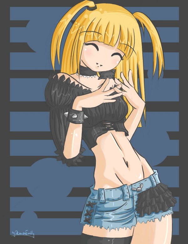 amane misa, death note, 00s, 1girl, blonde hair, closed eyes, cutoffs, denim, denim shorts, female focus, long hair, midriff, shorts, smile, solo, two side up