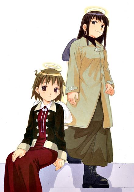 rakka (haibane renmei), reki (haibane renmei), haibane renmei, 00s, 2girls, angel, cigarette, dress, multiple girls, wings