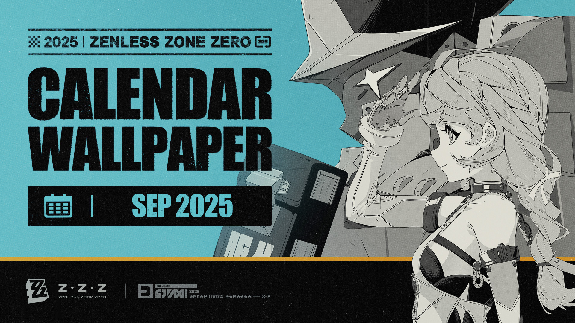 seed (zenless zone zero), seed sr., zenless zone zero, commentary, english commentary, highres, official art, 1girl, bare shoulders, braid, closed mouth, detached sleeves, english text, from side, gloves, greyscale, greyscale with colored background, hair ribbon, humanoid robot, long hair, looking to the side, mecha, monochrome, portrait, ribbon, robot, science fiction, smile, spot color