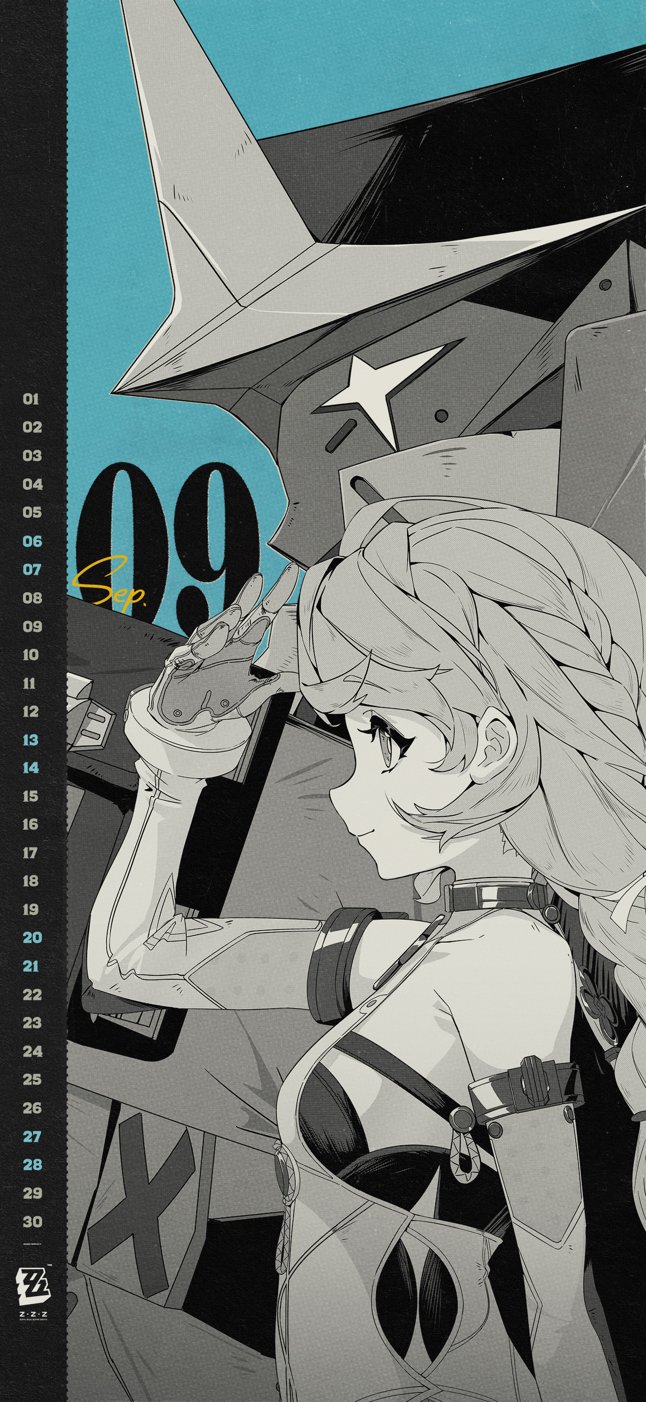 seed (zenless zone zero), seed sr., zenless zone zero, absurdres, commentary, english commentary, highres, official art, 1girl, bare shoulders, braid, calendar (medium), closed mouth, detached sleeves, from side, gloves, greyscale, greyscale with colored background, hair ribbon, humanoid robot, long hair, looking to the side, mecha, monochrome, portrait, ribbon, robot, science fiction, smile, spot color