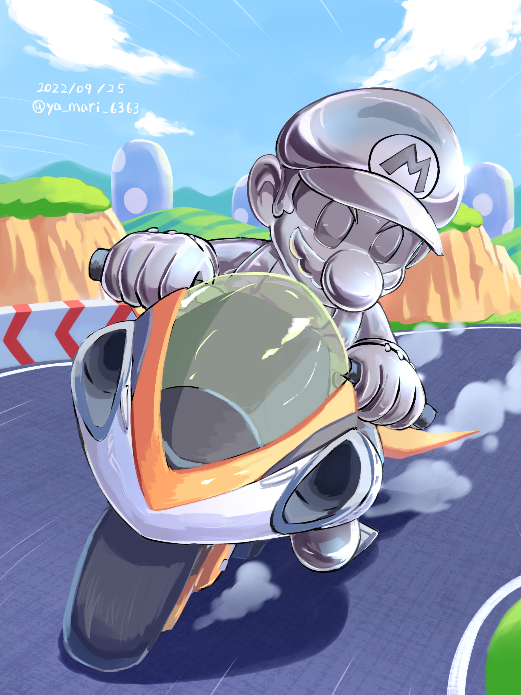 yamari (ya mari 6363), mario, metal mario, mario (series), mario kart, mario kart 8, nintendo, absurdres, highres, 1boy, blue sky, cloud, dated, day, drifting, driving, facial hair, full body, gloves, hat, looking at viewer, male focus, motor vehicle, motorcycle, mustache, newsboy cap, outdoors, short hair, sky, solo, twitter username