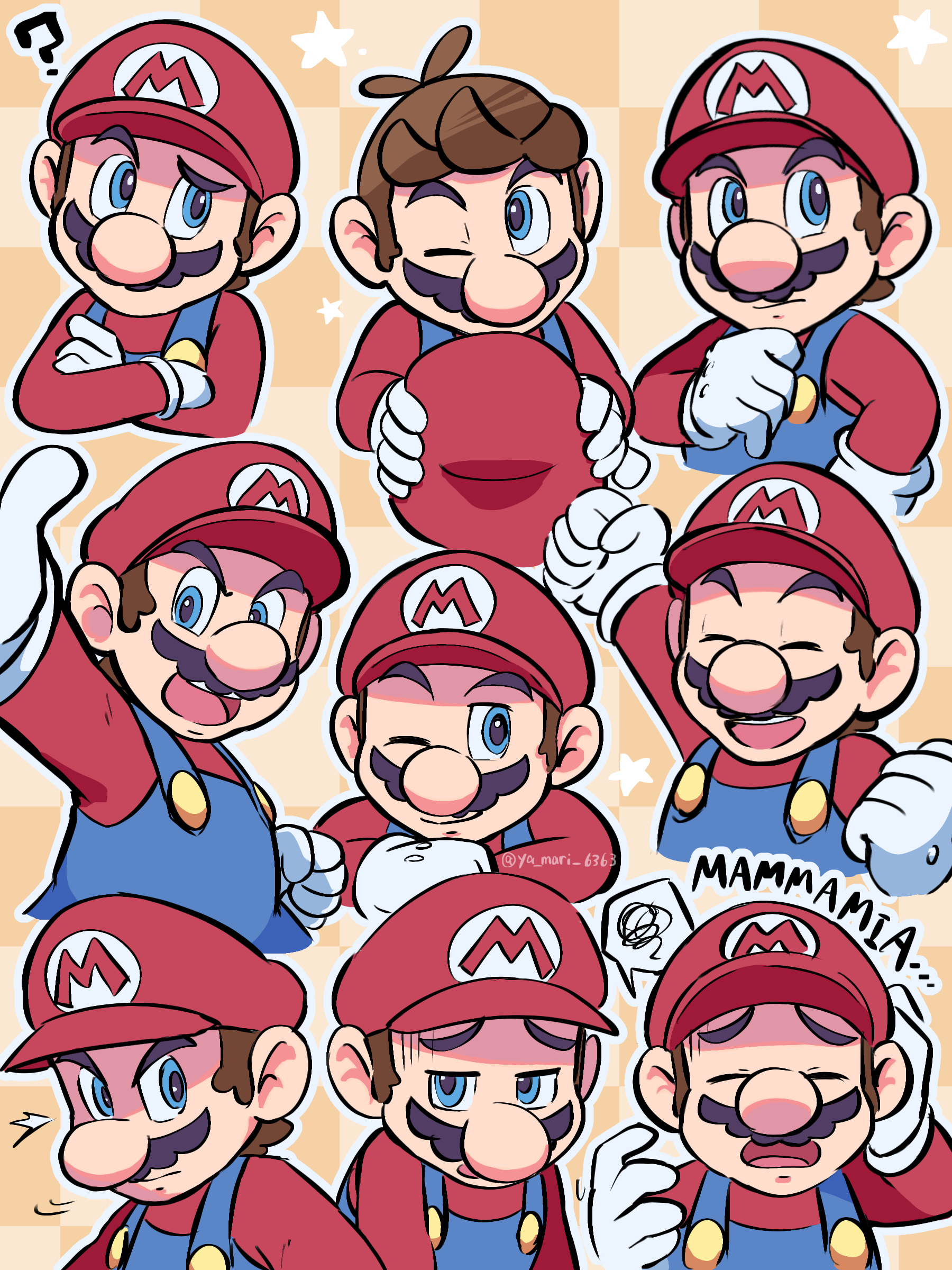 yamari (ya mari 6363), mario, mario (series), nintendo, absurdres, highres, 1boy, :d, ;), = =, ?, ^ ^, big nose, blue eyes, blue overalls, brown hair, checkered background, clenched hands, closed eyes, cropped torso, crossed arms, facial hair, gloves, half-closed eyes, hand on own head, hand up, hands on headwear, hat, long sleeves, looking to the side, male focus, multiple expressions, multiple views, mustache, newsboy cap, one eye closed, open mouth, overalls, raised eyebrow, red hat, red shirt, serious, shirt, short hair, sideburns, smile, star (symbol), teeth, thinking, twitter username, unworn headwear, upper body, white gloves, yawning
