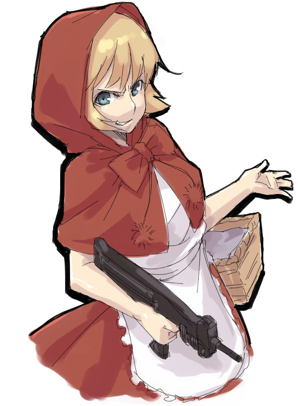 kyo (kuroichigo), b.b. hood, capcom, darkstalkers, 1girl, blonde hair, dress, female focus, gun, hood, red dress, solo, weapon