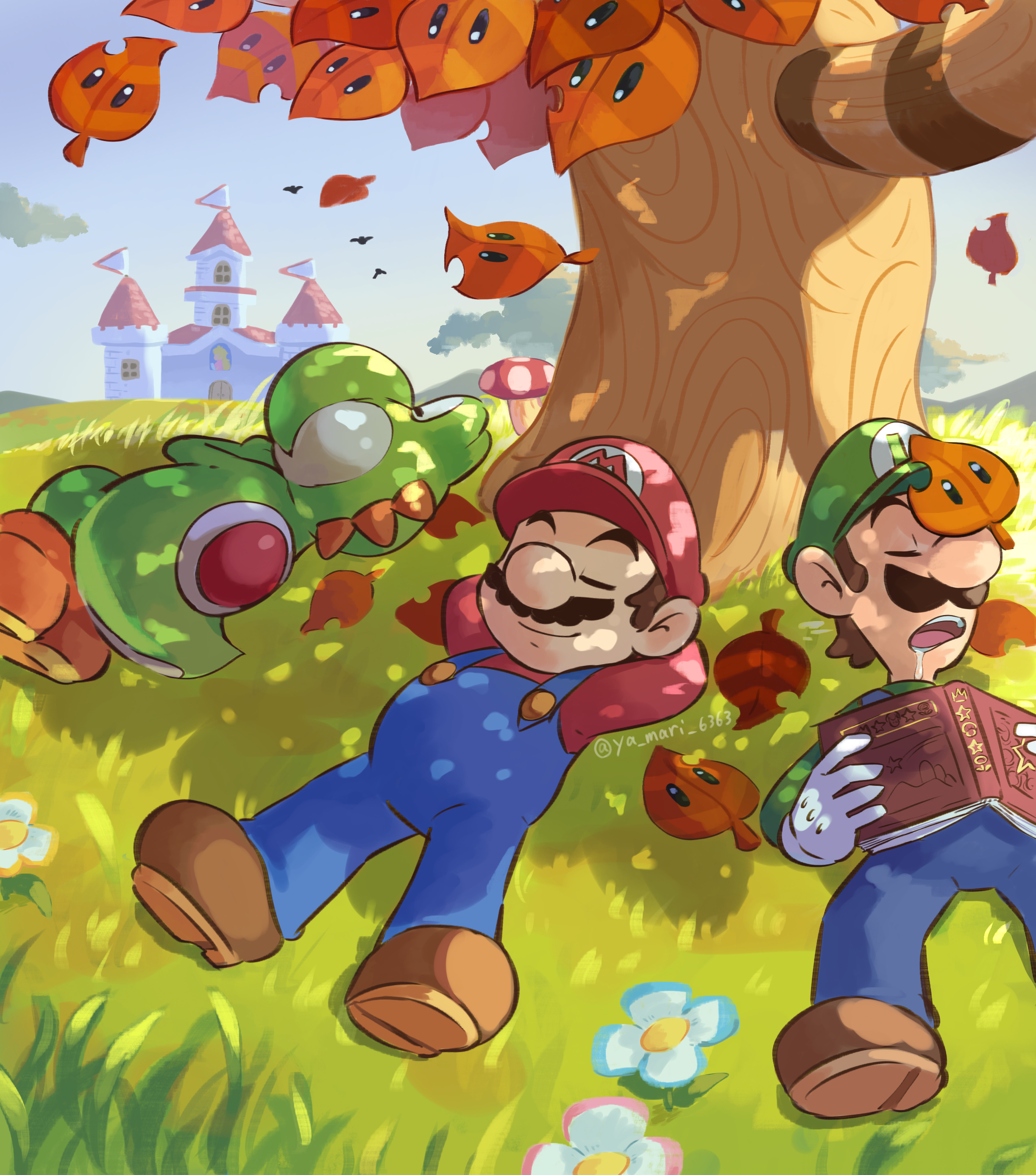 yamari (ya mari 6363), luigi, mario, yoshi, mario (series), nintendo, super mario 3d land, relaxing, absurdres, highres, 2boys, arms behind head, arms up, artist name, bird, blue overalls, blue pants, blue sky, book, brothers, brown hair, brown shoes, buttons, castle, closed eyes, cloud, drooling, facial hair, flower, full body, gloves, grass, green hat, green shirt, hat, holding, holding book, leaf, long sleeves, lying, male focus, multiple boys, mushroom, mustache, newsboy cap, on back, on grass, on side, open mouth, outdoors, overalls, pants, princess peach's castle, red hat, red shirt, shade, shadow, shirt, shoes, short hair, siblings, sky, sleeping, super leaf, teeth, tree, twitter username, under tree, white flower, white gloves