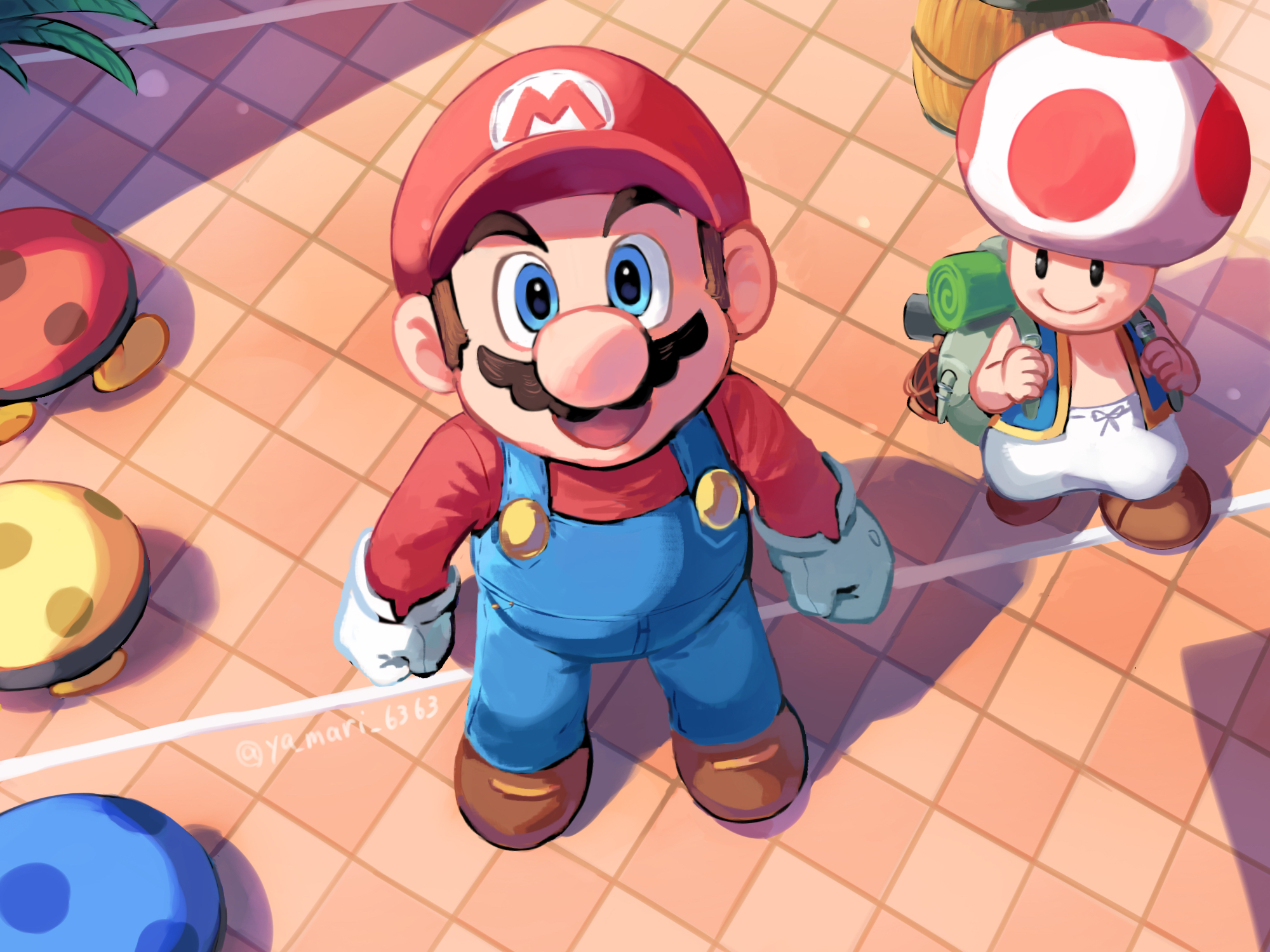 yamari (ya mari 6363), biddybud, mario, red toad (mario), toad (mario), mario (series), nintendo, the super mario bros. movie, highres, 2boys, backpack, bag, barrel, blue eyes, blue overalls, blue vest, boots, brown boots, brown hair, checkered floor, facial hair, from above, full body, gloves, hat, long sleeves, looking at viewer, looking up, male focus, multiple boys, mustache, newsboy cap, open mouth, overalls, pants, red hat, red shirt, shirt, short hair, standing, vest, white gloves, white pants