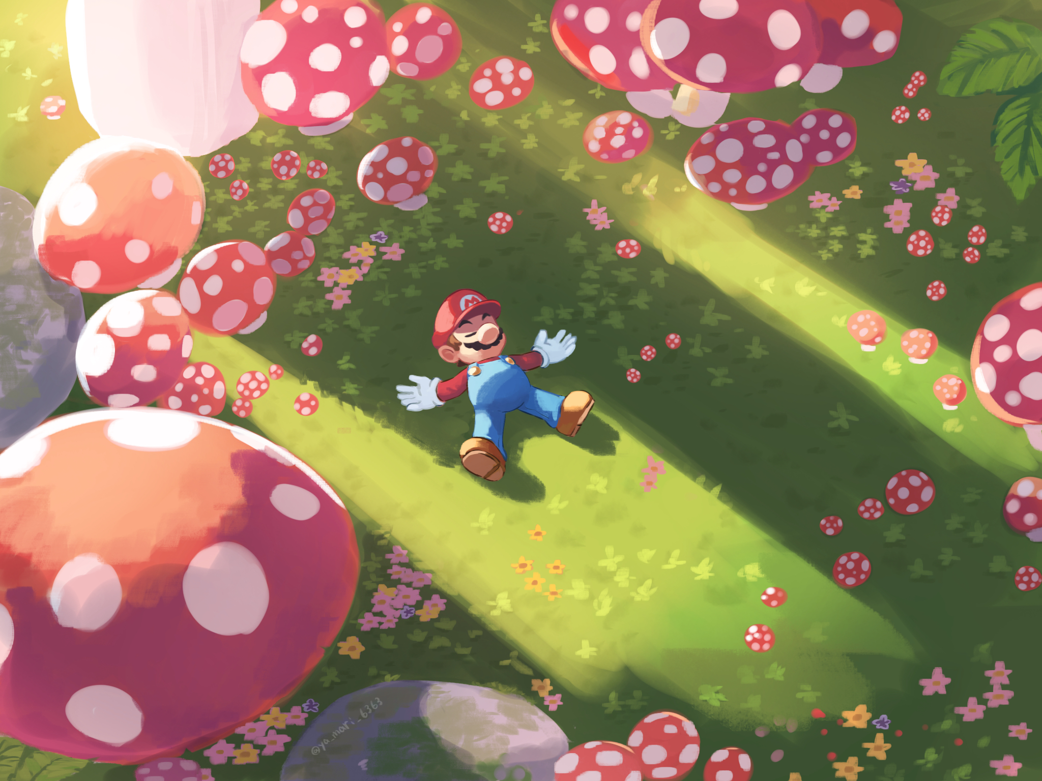 yamari (ya mari 6363), mario, mario (series), nintendo, the super mario bros. movie, highres, 1boy, artist name, blue overalls, blue pants, brown hair, brown shoes, buttons, closed eyes, day, facial hair, flower, full body, giant mushroom, gloves, grass, hat, long sleeves, lying, male focus, mushroom, mustache, on back, on grass, outdoors, outstretched arms, overalls, pants, pink flower, red hat, red shirt, rock, shadow, shirt, shoes, short hair, solo, spread arms, sunlight, twitter username, white gloves, yellow flower