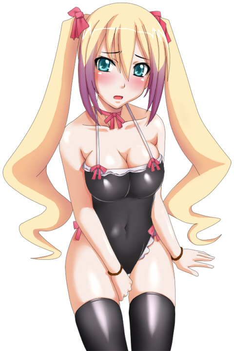 jacqueline baumgold, dragonaut, 00s, 1girl, blonde hair, blush, breasts, cleavage, female focus, green eyes, multicolored hair, ribbon, solo, thighhighs, thighs, twintails, two-tone hair