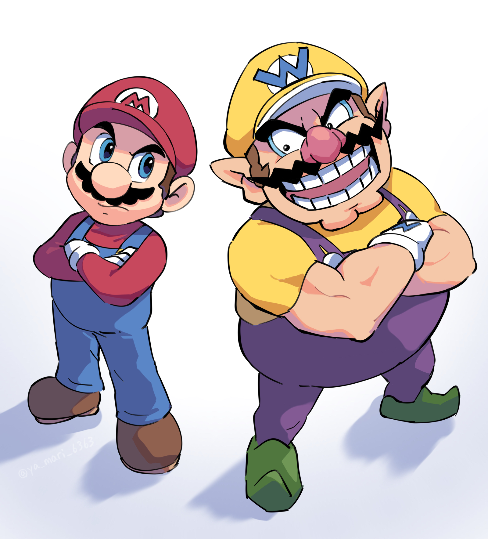 yamari (ya mari 6363), mario, wario, mario (series), nintendo, highres, 2boys, baseball cap, blue eyes, blue overalls, brown hair, brown shoes, closed mouth, crossed arms, facial hair, full body, gloves, green shoes, hat, long sleeves, looking at another, male focus, multiple boys, muscular, muscular male, mustache, newsboy cap, open mouth, overalls, pointy ears, purple overalls, red hat, red shirt, shadow, shirt, shoes, short hair, short sleeves, simple background, standing, teeth, white background, white gloves, yellow hat, yellow shirt
