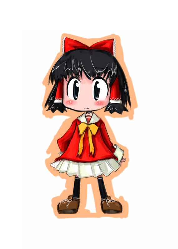 tao, tao (kadoya), hakurei reimu, touhou, 1girl, adapted costume, black eyes, black hair, black socks, bow, brown shoes, chibi, dress, female focus, full body, hair bow, hair tubes, kneehighs, long sleeves, red bow, red dress, sailor collar, shoes, short hair, simple background, socks, solo, standing, white background