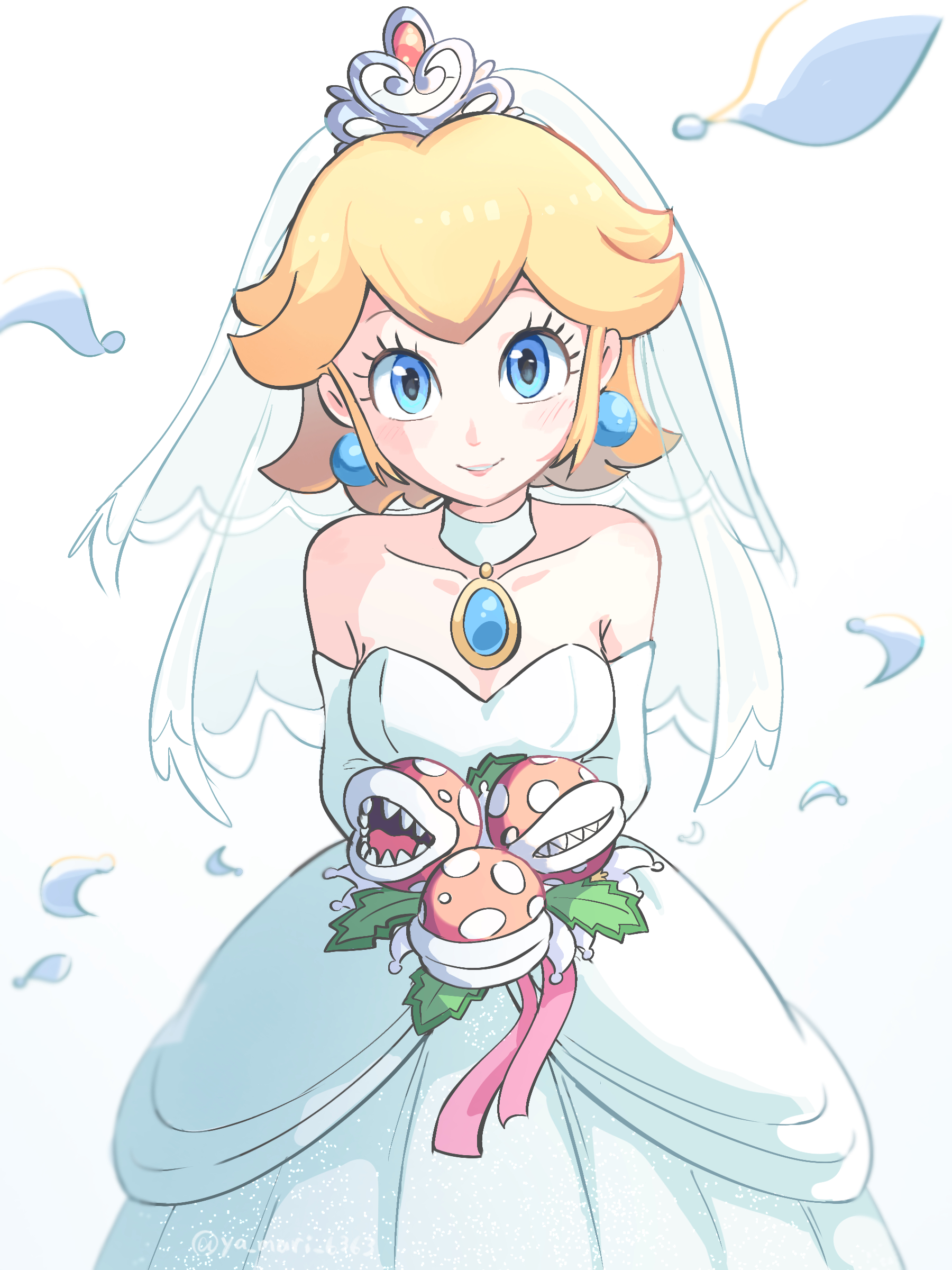 yamari (ya mari 6363), piranha plant, princess peach, princess peach (wedding), mario (series), nintendo, super mario odyssey, absurdres, highres, 1girl, 2022, bare shoulders, blonde hair, blue eyes, blush, bouquet, breasts, bridal veil, bride, choker, cleavage, dress, earrings, elbow gloves, flower, gloves, hair up, holding, holding bouquet, jewelry, lips, lipstick, looking at viewer, makeup, official alternate costume, petals, pink lips, small breasts, smile, solo, sphere earrings, tiara, veil, watermark, white background, white choker, white dress, white gloves