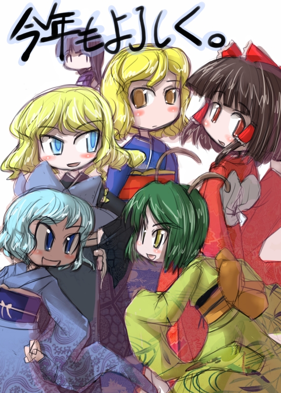 tao, tao (kadoya), alice margatroid, cirno, hakurei reimu, kirisame marisa, wriggle nightbug, touhou, 5girls, antennae, blonde hair, blue eyes, blue hair, bow, braid, brown hair, female focus, green hair, hair bow, japanese clothes, multiple girls, red eyes, yellow eyes