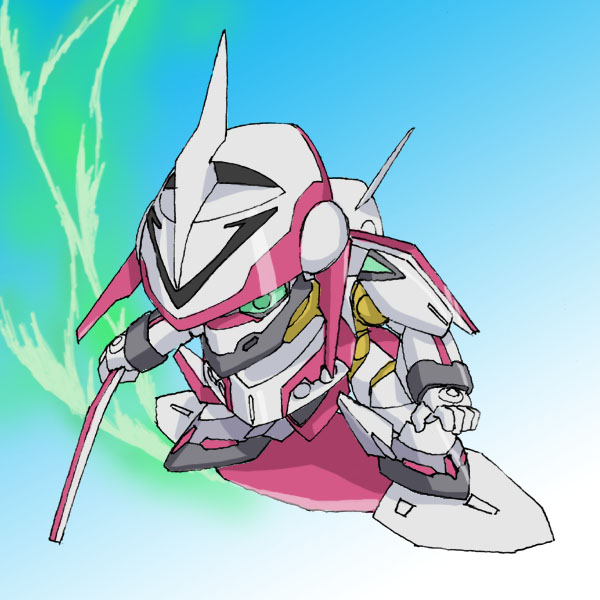 okiyumi kase, nirvash, eureka seven, eureka seven (series), 00s, armor, blue background, chibi, electricity, floating, full body, gradient background, green eyes, looking at viewer, mecha, mecha focus, no humans, robot, solo, standing