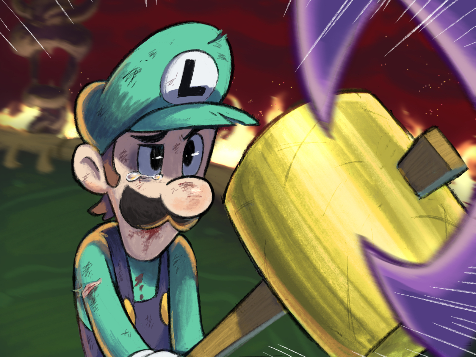 yamari (ya mari 6363), cackletta, luigi, mario & luigi: superstar saga, mario & luigi rpg, mario (series), nintendo, highres, 1boy, blood, blood on clothes, blue overalls, boss fight, brown hair, bruise, bruised eye, cackletta soul, chain, cuts, facial hair, fire, gloves, green hat, green shirt, hammer, hat, holding, holding hammer, in-universe location, injury, male focus, masanori sato (style), mustache, overalls, shirt, short hair, tears, tears from one eye, torn clothes, torn hat, torn shirt, upper body, white gloves