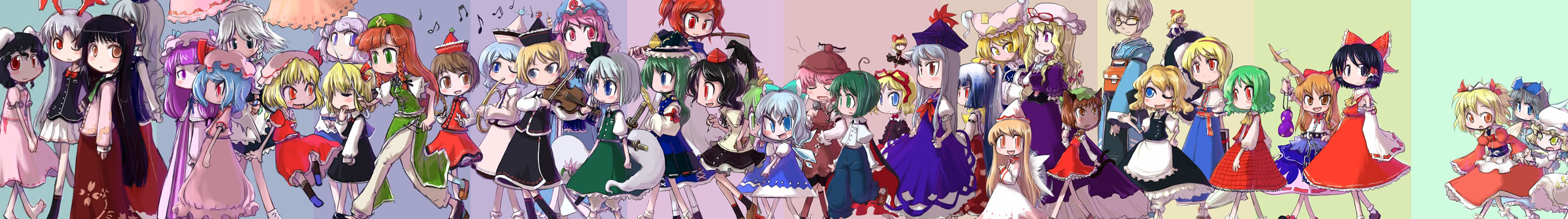 tao, tao (kadoya), alice margatroid, chen, cirno, daiyousei, flandre scarlet, fujiwara no mokou, hakurei reimu, hong meiling, houraisan kaguya, ibuki suika, inaba tewi, izayoi sakuya, kamishirasawa keine, kazami yuuka, kirisame marisa, konpaku youmu, konpaku youmu (ghost), letty whiterock, lily white, luna child, lunasa prismriver, lyrica prismriver, medicine melancholy, merlin prismriver, morichika rinnosuke, mystia lorelei, onozuka komachi, patchouli knowledge, reisen udongein inaba, remilia scarlet, rumia, saigyouji yuyuko, shameimaru aya, shanghai doll, shiki eiki, star sapphire, su-san, sunny milk, wriggle nightbug, yagokoro eirin, yakumo ran, yakumo yukari, touhou, silver hair, highres, long image, wide image, 6+girls, alcohol, animal ears, animal hat, antennae, beamed quavers, bird, black hair, blonde hair, bloomers, blue hair, blush, book, bow, brown eyes, brown hair, cape, cat tail, crow, detached sleeves, doll, dress, everyone, fairy wings, flower, gem, geta, ghost, green eyes, grey eyes, hair bow, hair ribbon, hat, instrument, long hair, long sleeves, microphone, mob cap, multiple girls, musical note, orange eyes, orange hair, pants, pink eyes, pink hair, purple eyes, purple hair, quaver, rabbit ears, red eyes, ribbon, rod of remorse, sake, scythe, shoes, short sleeves, siblings, sisters, skirt, socks, star (symbol), suspenders, sword, tail, tengu-geta, tokin hat, underwear, violin, weapon, wings, witch hat