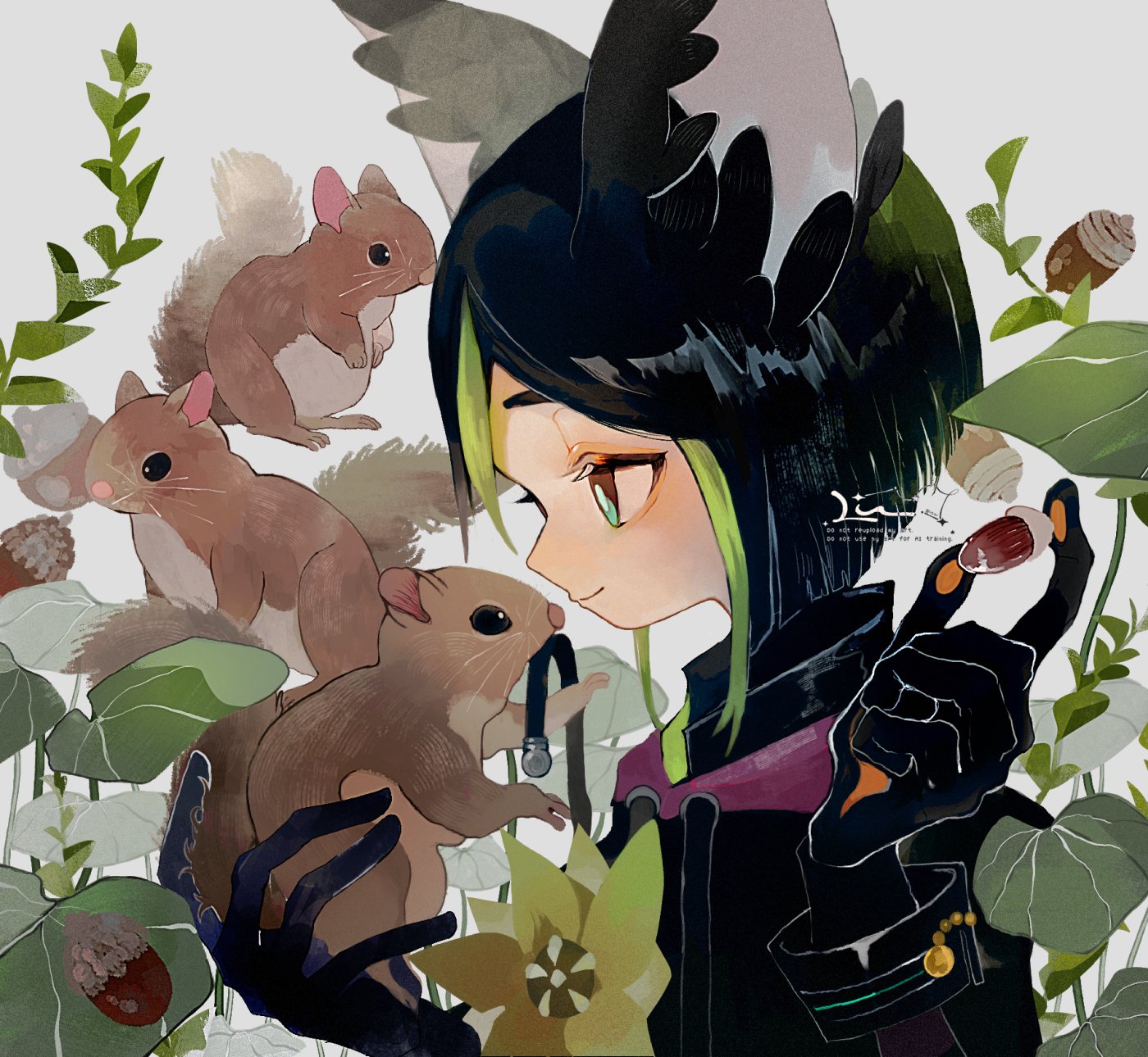 li04r, tighnari (genshin impact), genshin impact, commentary request, highres, 1boy, acorn, animal, animal ear fluff, animal ears, black coat, black gloves, black hair, closed mouth, coat, drawstring, eyelashes, from side, gloves, green eyes, green hair, holding, holding acorn, holding animal, leaf, looking at animal, male focus, multicolored hair, parted bangs, plant, profile, short hair, smile, solo, squirrel, streaked hair, upper body