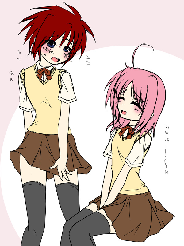 frapowa, caro ru lushe, erio mondial, lyrical nanoha, mahou shoujo lyrical nanoha, mahou shoujo lyrical nanoha strikers, 00s, blush, crossdressing, school uniform, serafuku, thighhighs, zettai ryouiki