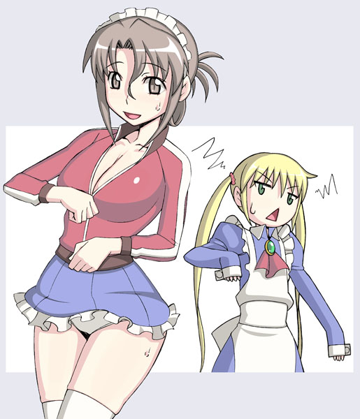 caryo, nanashino, maria (hayate no gotoku!), sanzen'in nagi, hayate no gotoku!, 2girls, breasts, cleavage, cosplay, costume switch, folded ponytail, maid, multiple girls, panties, pantyshot, thighhighs, underwear, white panties