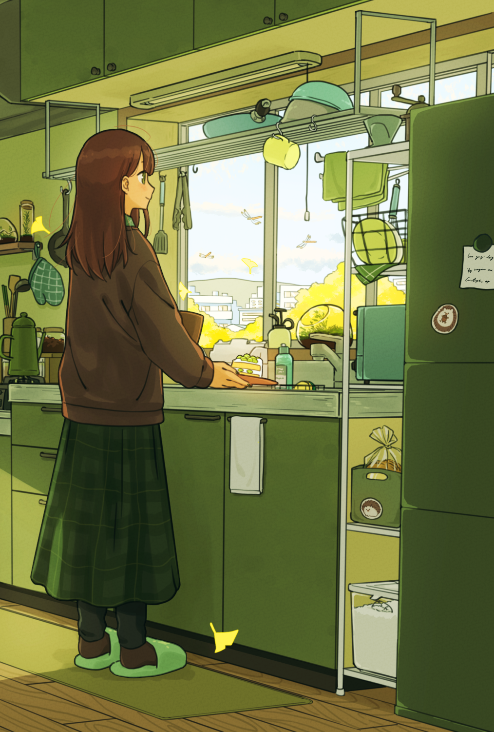 matsumine (twin-mix), original, commentary request, highres, 1girl, black pants, bowl, brown hair, bug, cabinet, cup, day, dragonfly, faucet, from behind, full body, green skirt, grey sweater, indoors, insect, kitchen, long hair, long skirt, long sleeves, looking outside, oven mitts, pants, pants under skirt, plaid clothes, plaid skirt, plate, refrigerator, rug, shelf, sink, skirt, slice of life, slippers, solo, spatula, standing, straight hair, sweater, tongs, towel, window, wooden floor