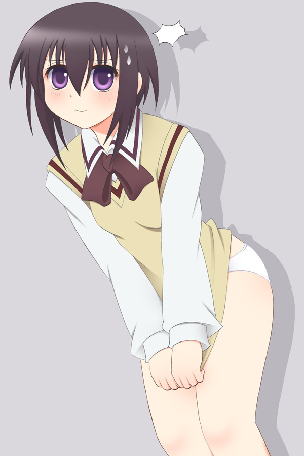 kurappii, kawazoe tamaki, bamboo blade, 00s, blush, no pants, panties, purple eyes, school uniform, serafuku, short hair, solo, underwear