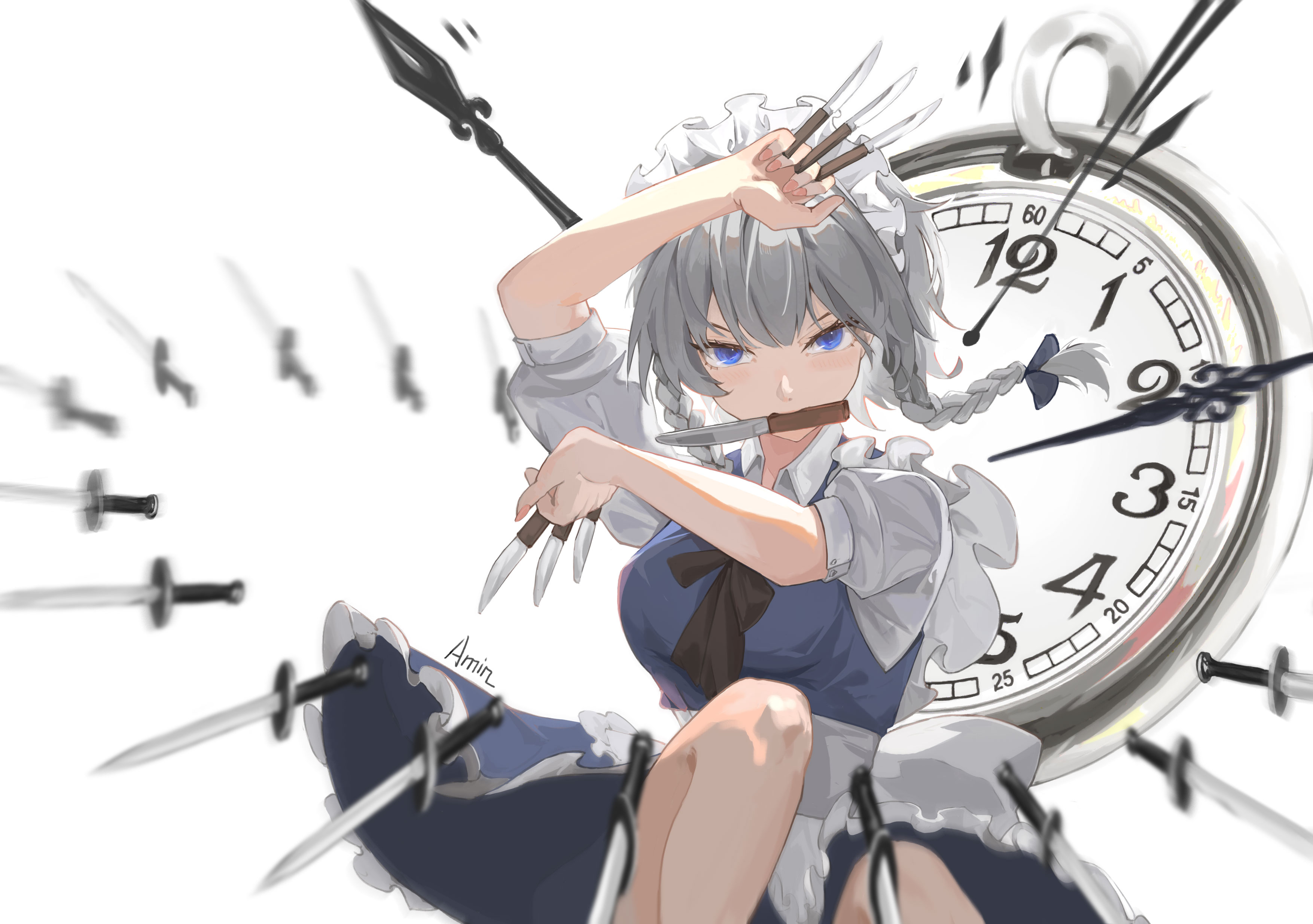 amin (hdwe2747), izayoi sakuya, touhou, absurdres, commentary request, highres, 1girl, apron, back bow, blue bow, blue eyes, blue skirt, blue vest, bow, braid, breasts, clock hands, collared shirt, dial, feet out of frame, frilled apron, frills, grey hair, hair bow, holding, holding knife, knees, knife, large breasts, light blush, maid apron, maid headdress, medium hair, motion blur, mouth hold, pink nails, pocket watch, puffy short sleeves, puffy sleeves, shirt, short sleeves, skirt, solo, table knife, twin braids, vest, watch, white bow, white shirt