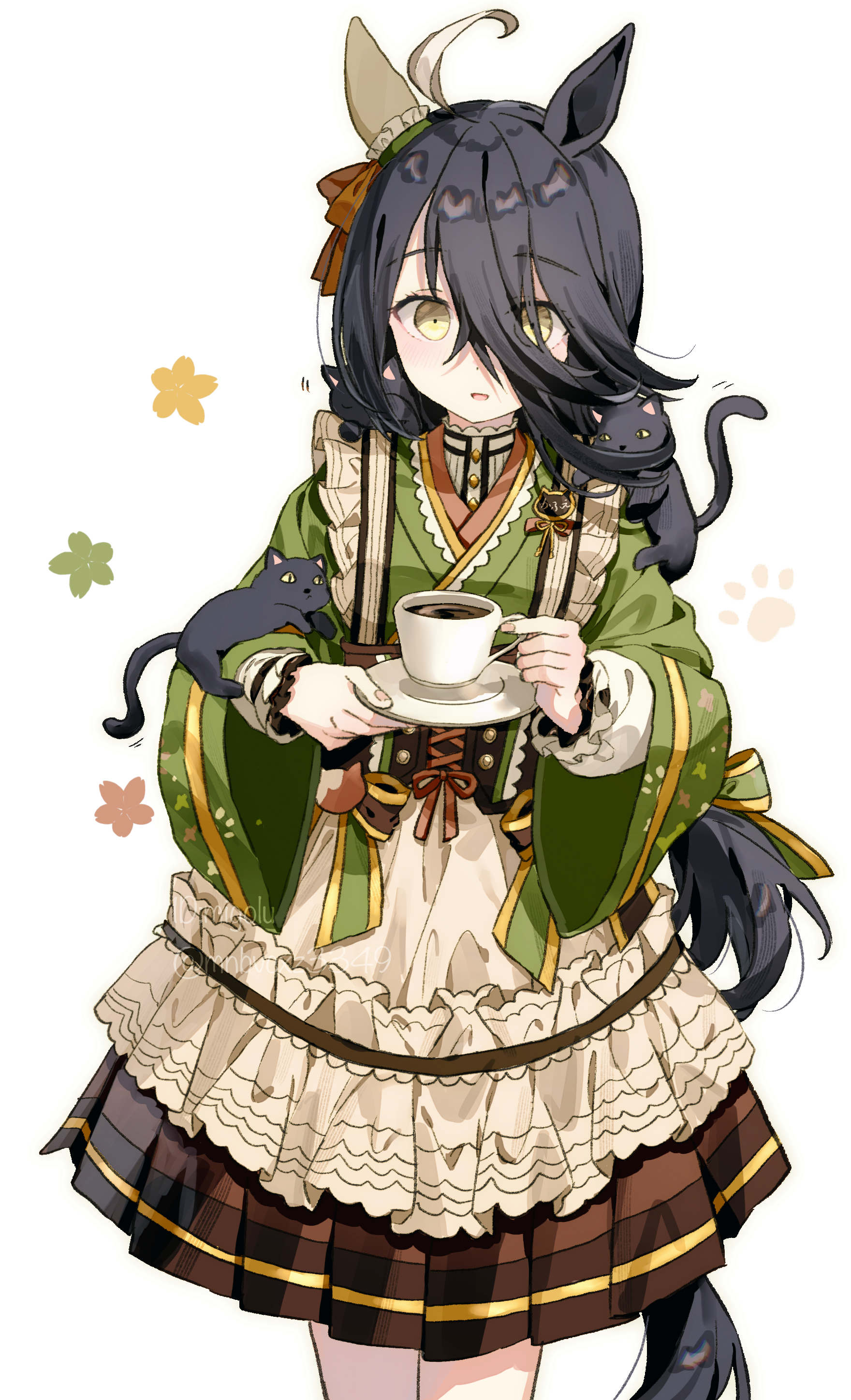 migolu, manhattan cafe (umamusume), manhattan cafe (verdant night) (umamusume), umamusume, absurdres, highres, 1girl, ahoge, animal, animal ears, animal on shoulder, apron, artist name, black hair, blonde hair, blush, bow, brown skirt, cat, coffee, coffee mug, corset, cowboy shot, cup, dot nose, earrings, feet out of frame, frills, green kimono, hair between eyes, holding, holding cup, holding saucer, horse ears, horse girl, horse tail, japanese clothes, jewelry, kimono, long bangs, long hair, long hair between eyes, long sleeves, looking at viewer, motion lines, mug, open mouth, pleated skirt, ribbon, saucer, shirt, single earring, skirt, smile, solo, standing, tail, teacup, twitter username, waist apron, watermark, white background, white shirt, wide sleeves, yellow eyes