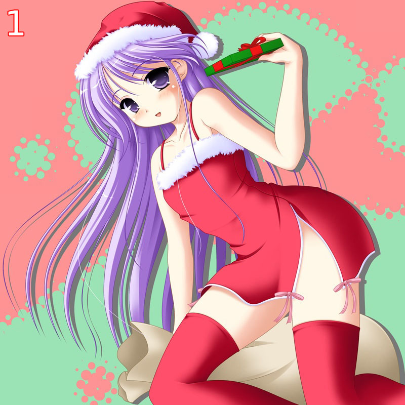 kakesu, watarase jun, happiness!, 00s, 1boy, bare hips, blush, christmas, dress, fur-trimmed headwear, fur trim, gift, hair spread out, hat, holding, holding gift, long hair, male focus, pom pom (clothes), purple eyes, purple hair, red thighhighs, ribbon-trimmed dress, ribbon trim, sack, santa costume, santa hat, solo, thighhighs, trap, very long hair