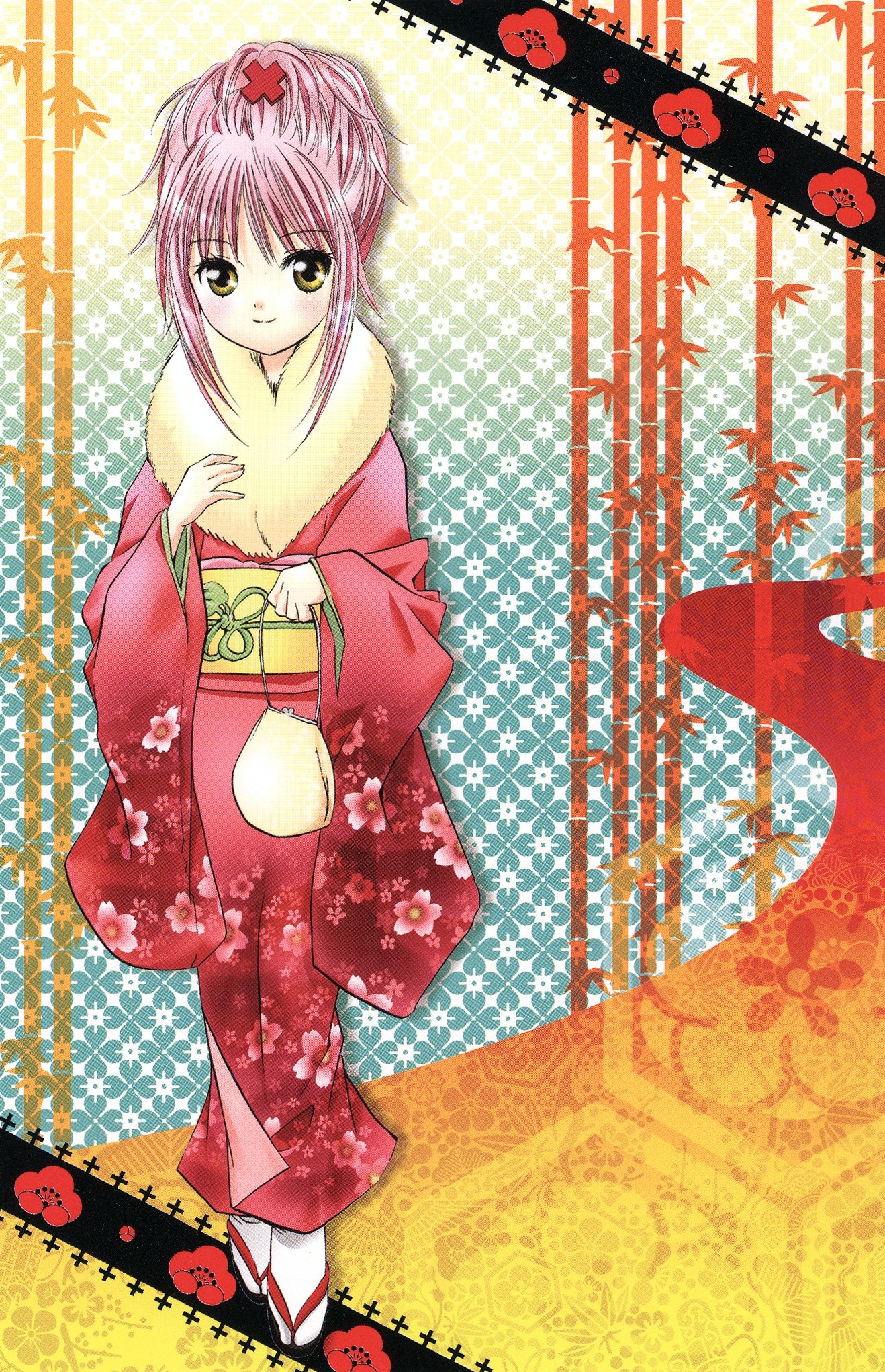 hinamori amu, shugo chara!, highres, official art, scan, 1girl, bag, blush, cross hair ornament, dress, female focus, flower, furisode, hair ornament, handbag, japanese clothes, kimono, pink hair, ribbon, short hair, smile, solo, tabi, yellow eyes