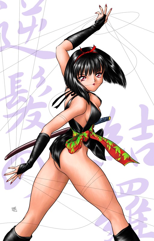 satoshi igarashi, sakasagami no yura, inuyasha, 1girl, black hair, breasts, cleavage, eyeshadow, female focus, gloves, hairband, lipstick, makeup, nail polish, ninja, red eyes, short hair, solo, sword, weapon