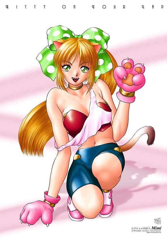satoshi igarashi, mimi (hizapa), hiza no ue no partner, animal ears, animal hands, blonde hair, bow, cat ears, cat tail, gloves, green eyes, hair bow, solo, tail