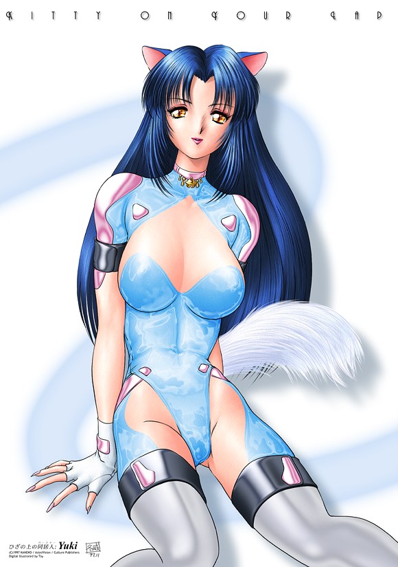 satoshi igarashi, yuki (hizapa), hiza no ue no partner, animal ears, blue hair, bodysuit, cat ears, cat tail, fingerless gloves, gloves, long hair, solo, tail, thighhighs, yellow eyes