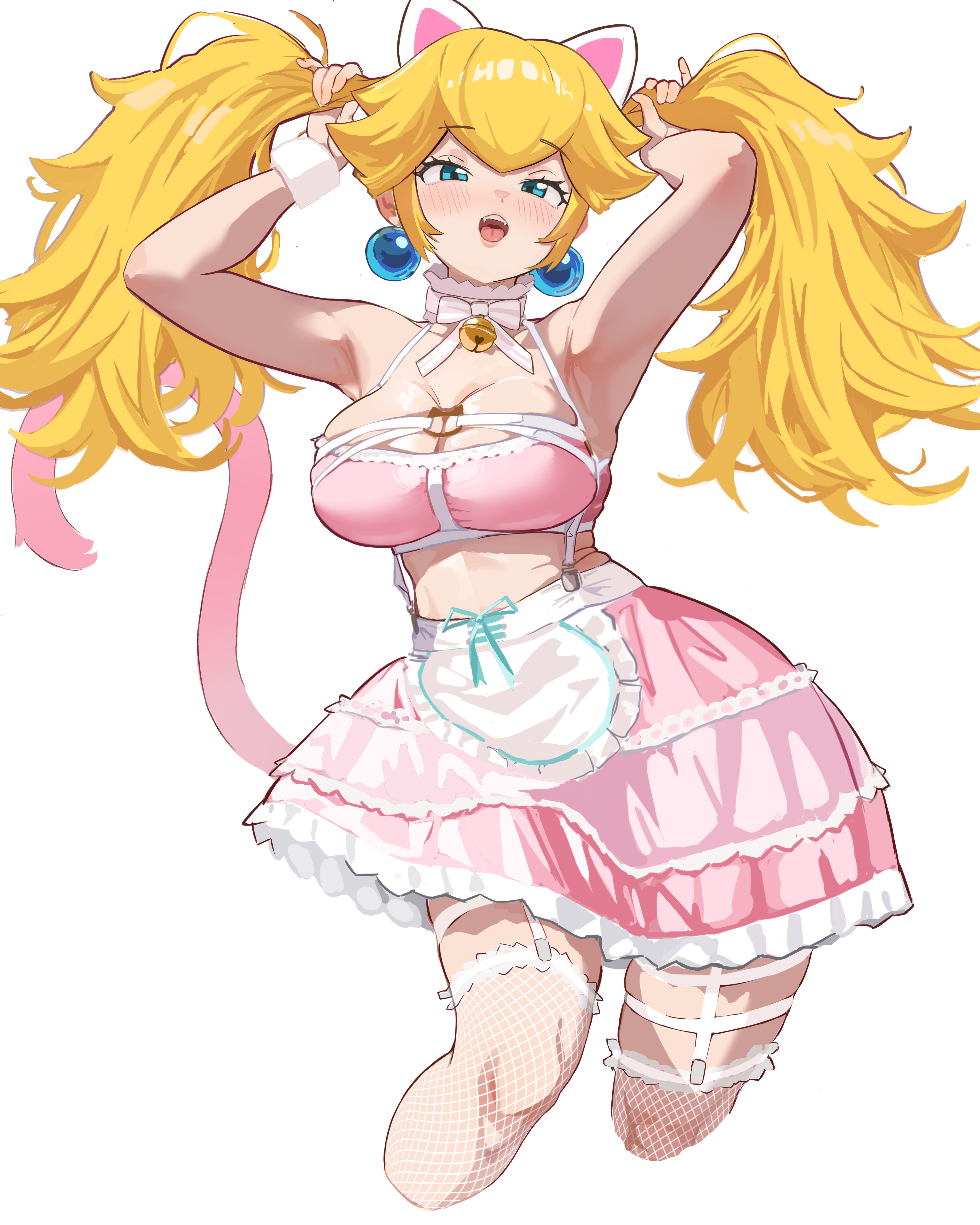 princess peach, mario (series), nintendo, highres, 1girl, alternate costume, alternate hairstyle, animal ears, armpits, arms up, blonde hair, blush, breasts, bunching hair, cat ears, cat tail, cleavage, half-closed eyes, holding, holding own hair, large breasts, legs, long hair, looking at viewer, midriff, open mouth, pink lips, playing with own hair, princess, skirt, smile, tail, tank top, teeth, thighs, tongue, twintails