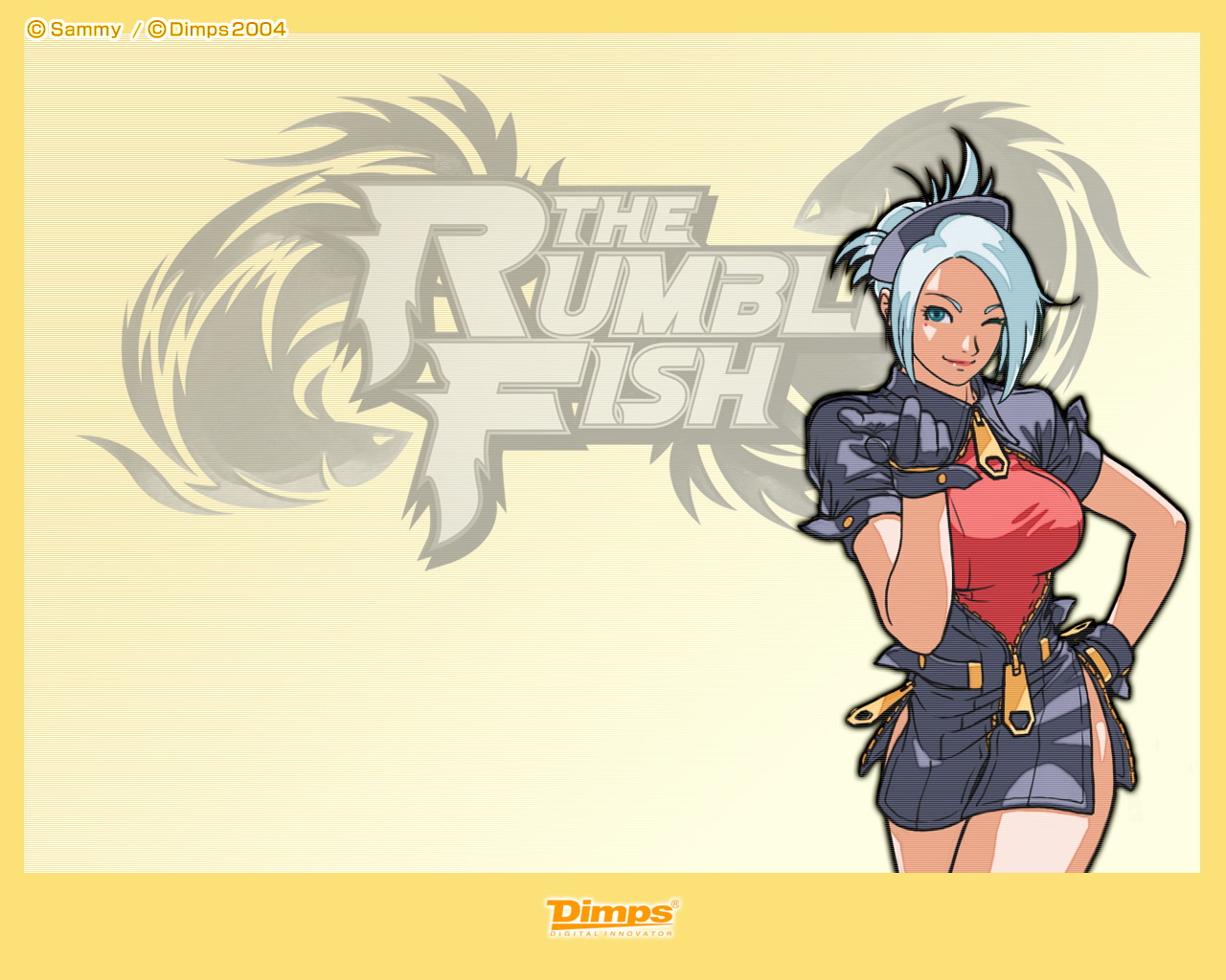 garnet (the rumble fish), the rumble fish, official art, official wallpaper, 1girl, ;), alternate color, alternate costume, alternate hair color, alternate hairstyle, aqua eyes, black dress, black gloves, black hat, border, breasts, buttons, closed mouth, come hither, company name, copyright name, cowboy shot, dated, dress, female focus, folded ponytail, gloves, gradient background, hand on own hip, hat, large breasts, legs, leotard, leotard under clothes, light smile, lipstick, logo, looking at viewer, makeup, messy hair, mole, mole under eye, nurse, nurse cap, one eye closed, open clothes, open dress, oversized zipper, pink hair, pink lips, scanlines, shadow, short dress, short hair, short sleeves, side slit, sidelocks, smile, solo, standing, unzipped, white hair, yellow background, zipper, zipper pull tab