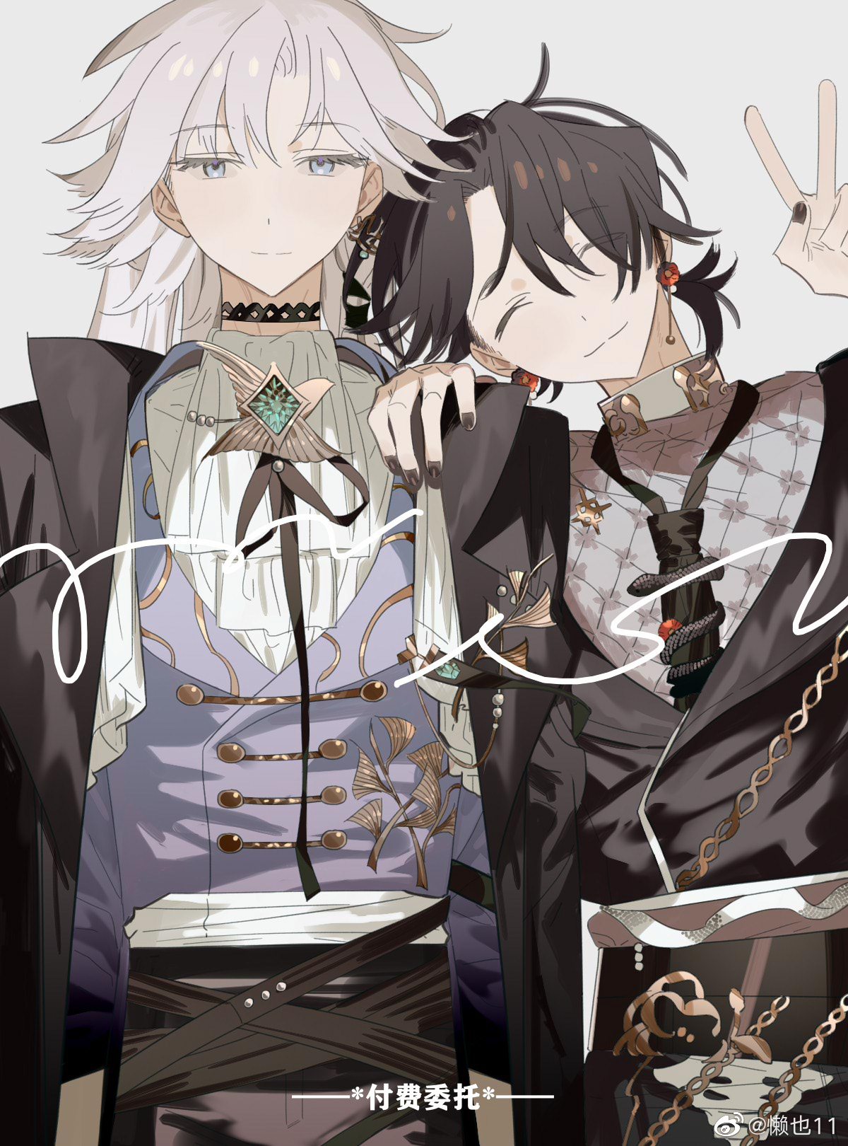 original, highres, 2boys, ascot, black coat, black hair, black jacket, black nails, black necktie, black ribbon, black vest, blue eyes, blue vest, brooch, chain, choker, closed eyes, coat, earrings, hands on another's shoulders, jacket, jewelry, lanye11, long hair, long sleeves, looking at viewer, male focus, multiple boys, neck ribbon, necktie, open clothes, open coat, open jacket, ponytail, ribbon, sample watermark, shirt, short hair, short ponytail, smile, v, vest, watermark, white ascot, white hair, white shirt